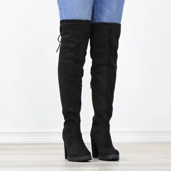 Black Thigh High Boots Over The Knee Block Lug High Heel Faux Suede Round Toe - Picture 3 of 13